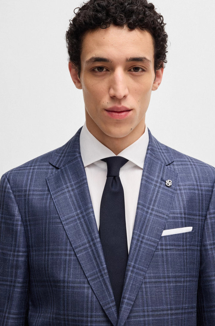 Boss Slim-fit blazer in checked virgin wool, silk and linen