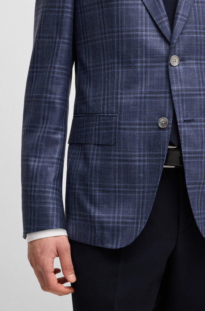 Boss Slim-fit blazer in checked virgin wool, silk and linen