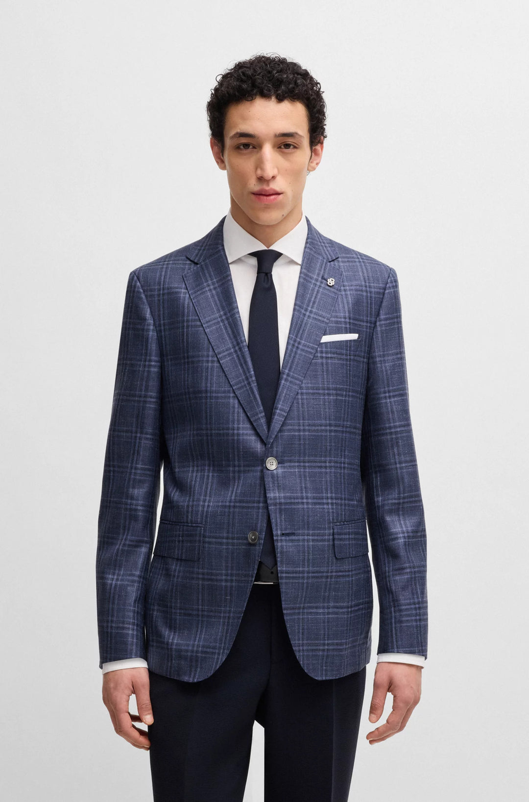 Boss Slim-fit blazer in checked virgin wool, silk and linen