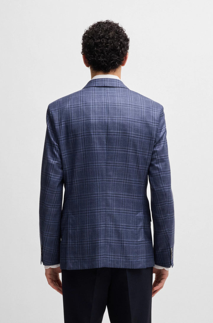 Boss Slim-fit blazer in checked virgin wool, silk and linen