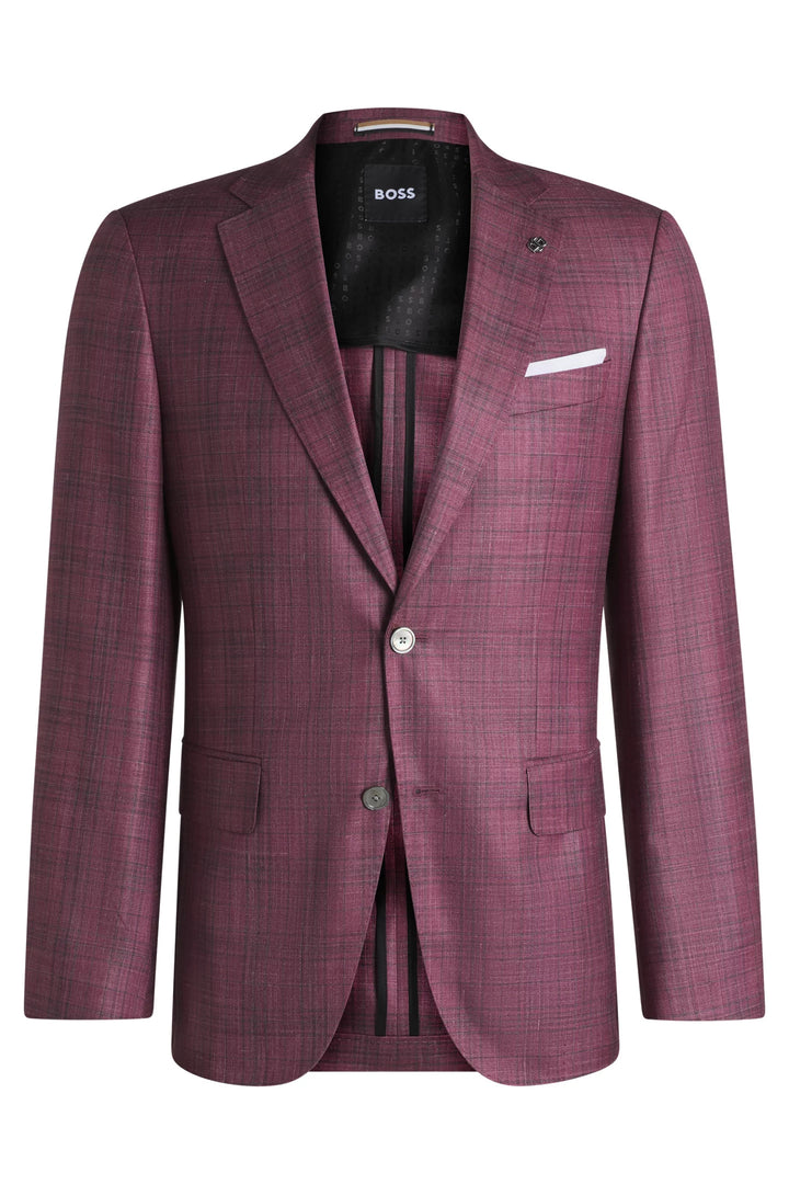 Boss Slim-fit blazer in checked virgin wool, silk and linen