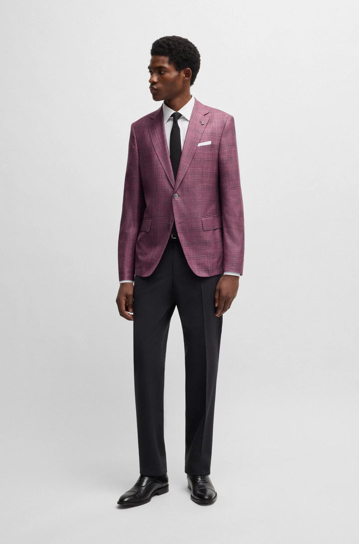 Boss Slim-fit blazer in checked virgin wool, silk and linen