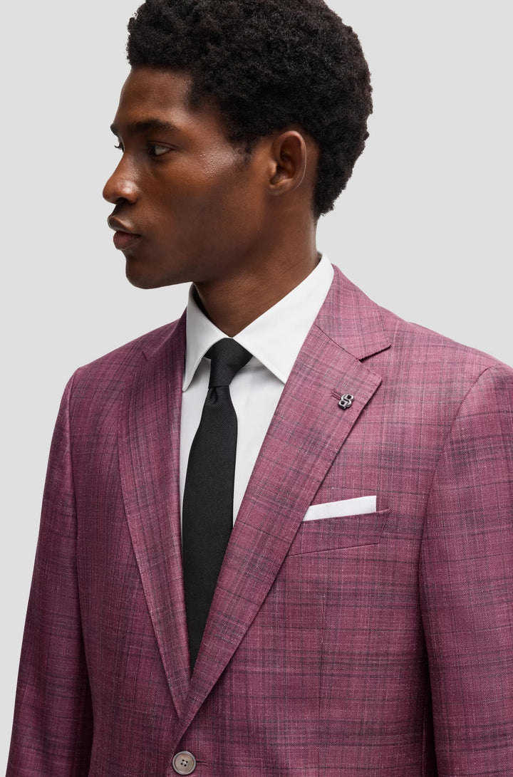Boss Slim-fit blazer in checked virgin wool, silk and linen