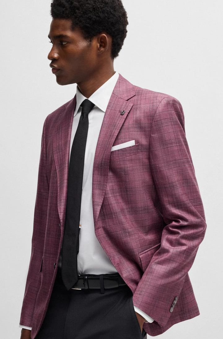 Boss Slim-fit blazer in checked virgin wool, silk and linen