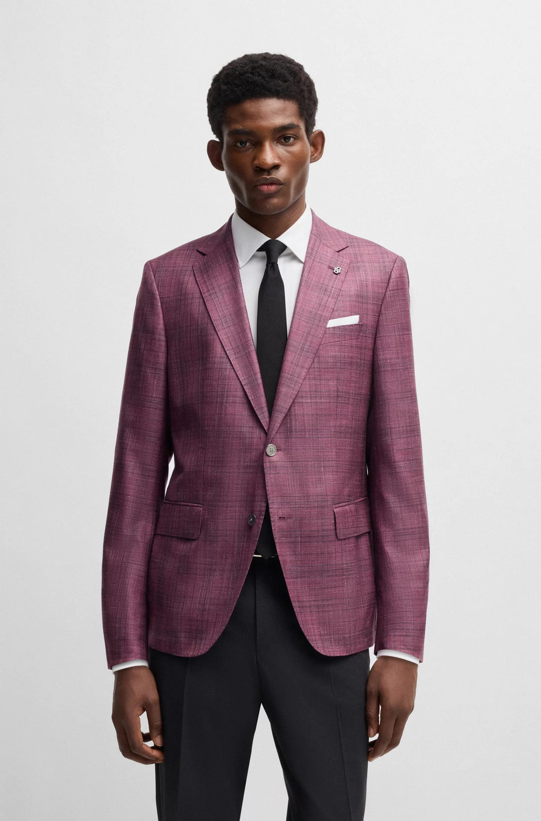 Boss Slim-fit blazer in checked virgin wool, silk and linen