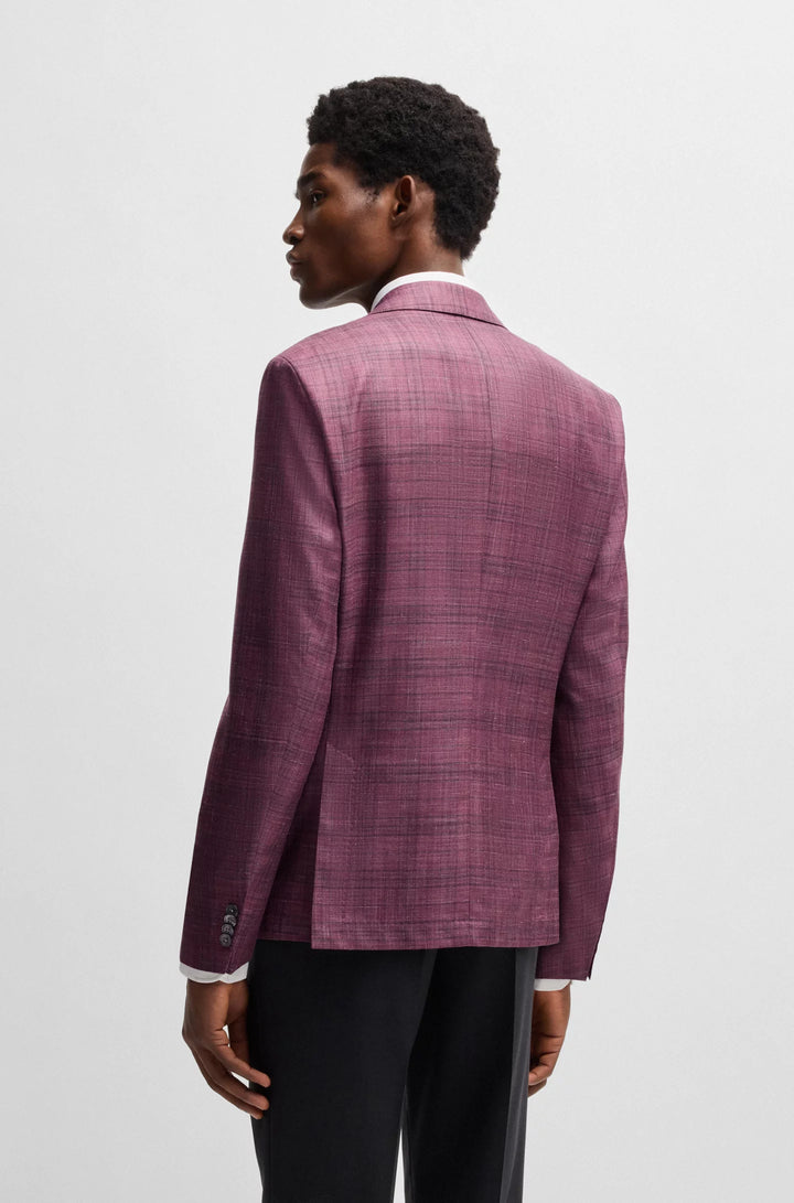 Boss Slim-fit blazer in checked virgin wool, silk and linen