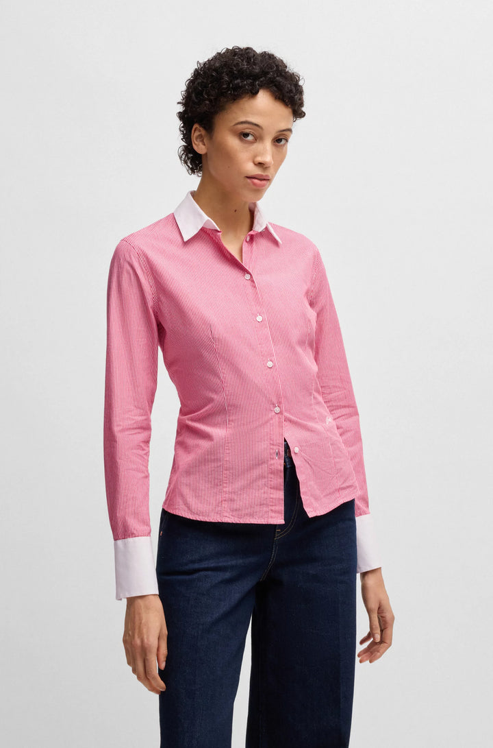 BOSS Slim-fit blouse in striped cotton poplin