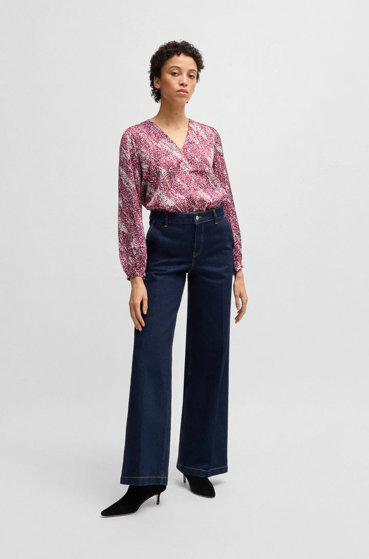 BOSS Regular-fit blouse with V neckline in printed satin