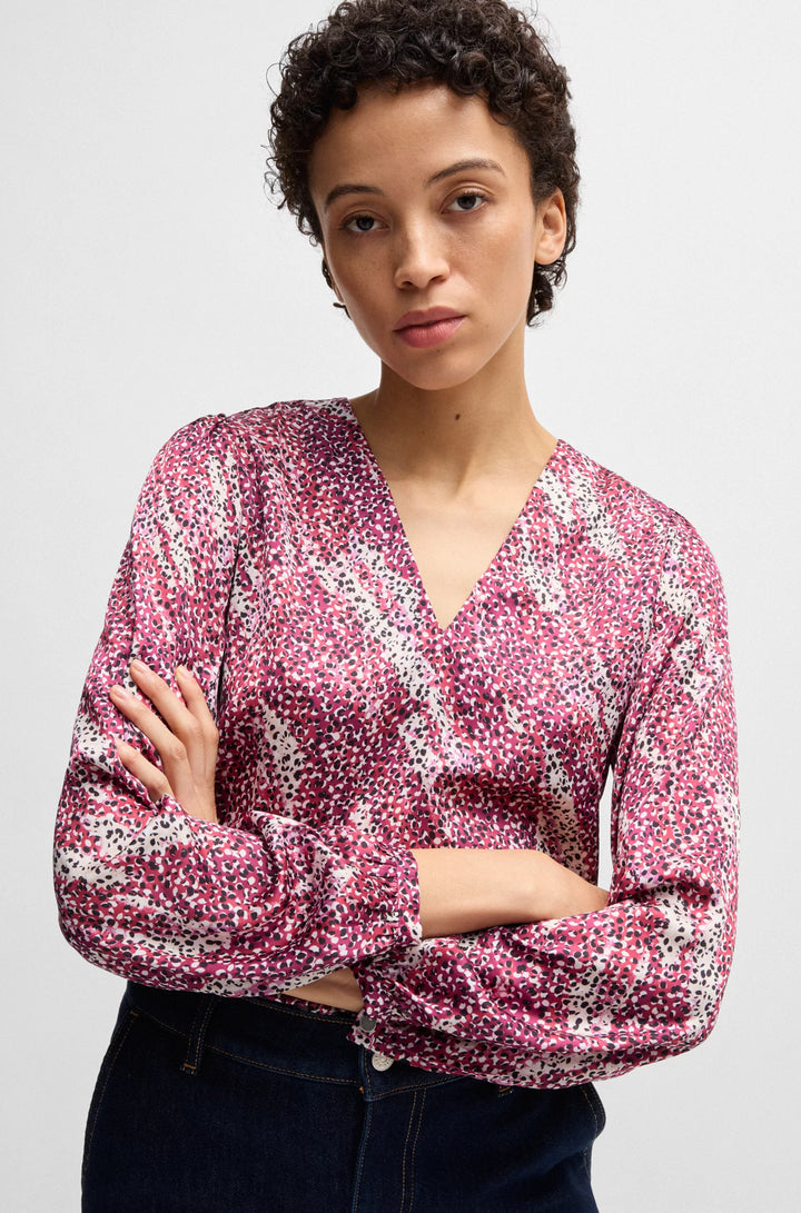 BOSS Regular-fit blouse with V neckline in printed satin