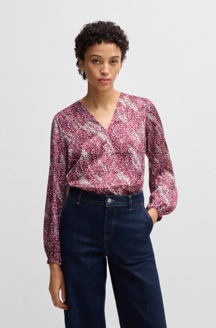 BOSS Regular-fit blouse with V neckline in printed satin