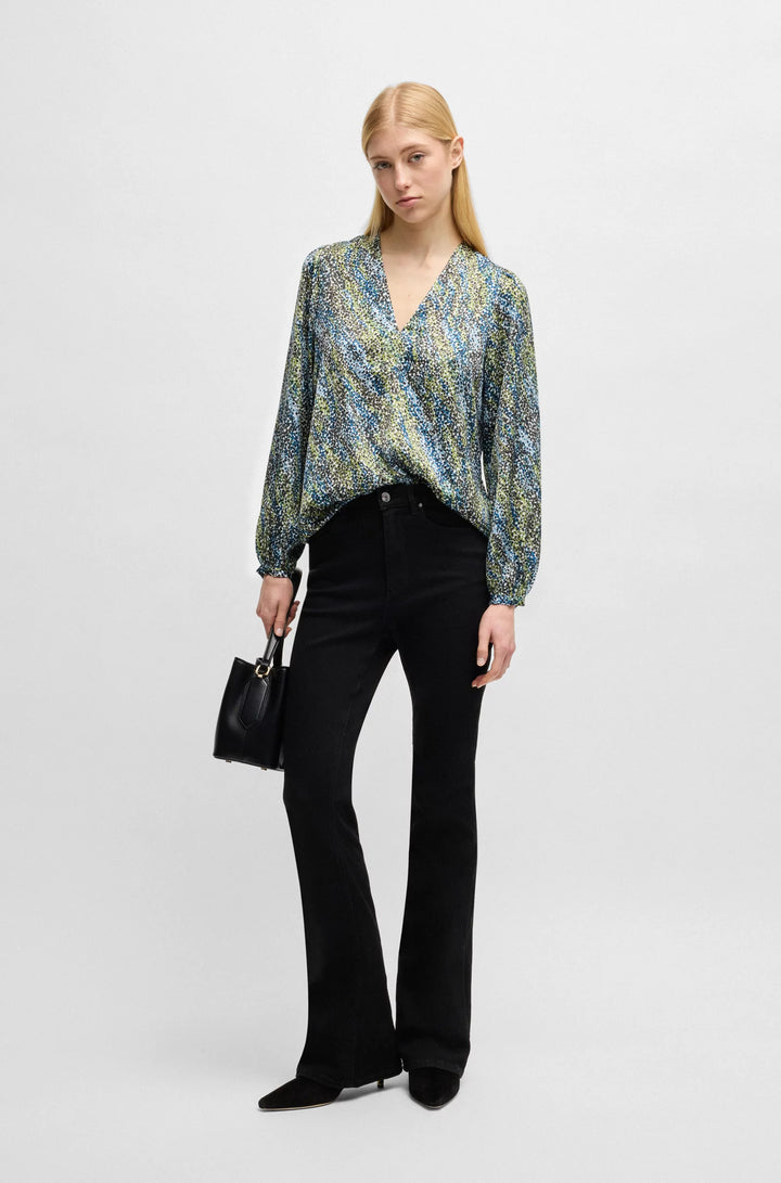 BOSS Regular-fit blouse with V neckline in printed satin