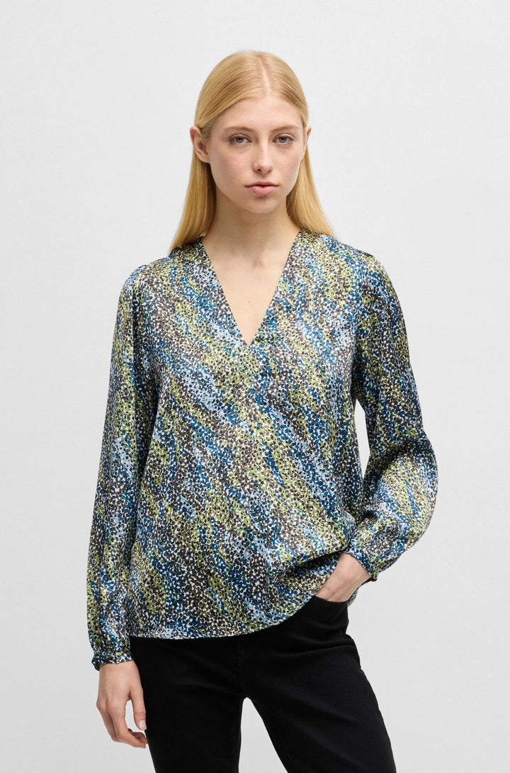 BOSS Regular-fit blouse with V neckline in printed satin