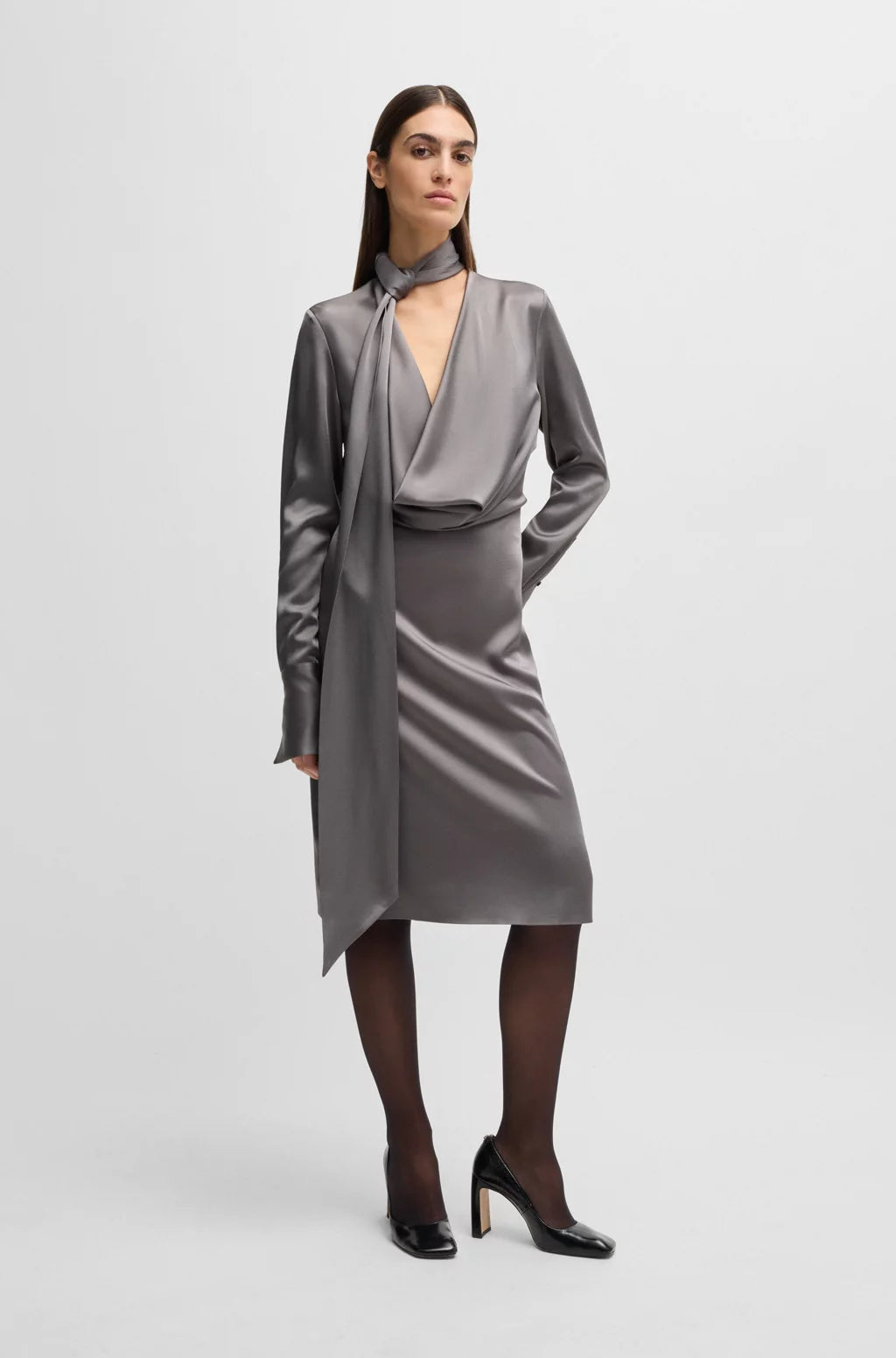 BOSS LONG-SLEEVED DRESS WITH SCARF NECKLINE