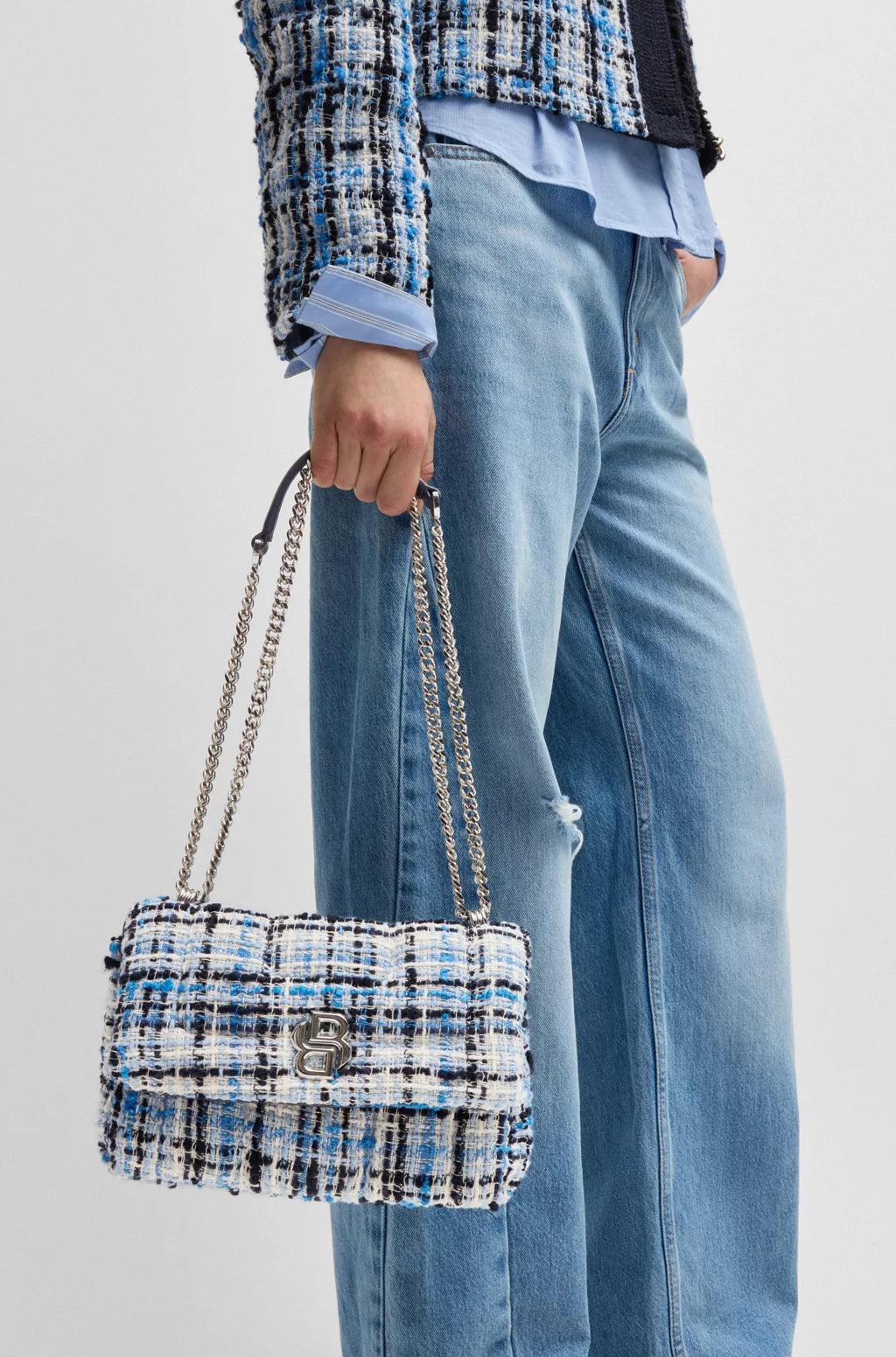 BOSS MULTICOLORED-TWEED SHOULDER BAG WITH DOUBLE B MONOGRAM