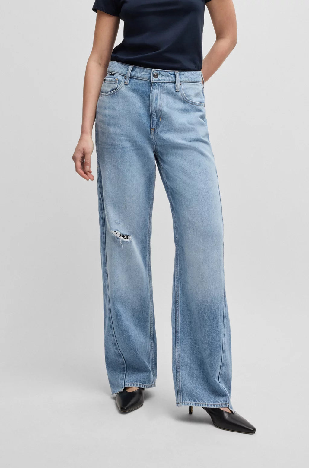 BOSS WIDE-LEG JEANS IN BLUE DENIM WITH STEPPED HEM
