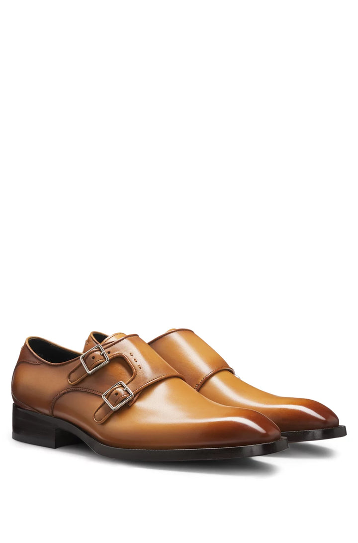 Boss Double-strap monk shoes in burnished leather