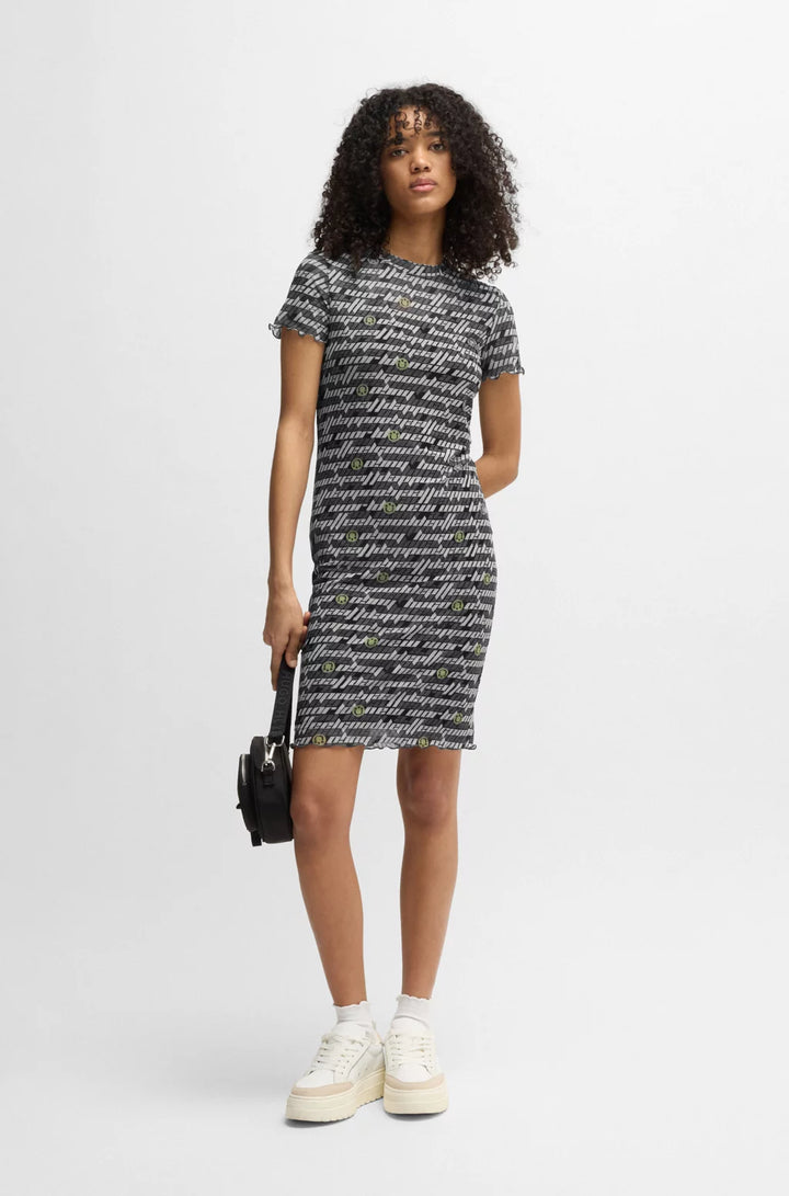 HUGO STRETCH-MESH BODYCON DRESS WITH DIGITAL PRINT