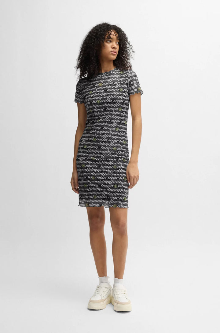 HUGO STRETCH-MESH BODYCON DRESS WITH DIGITAL PRINT