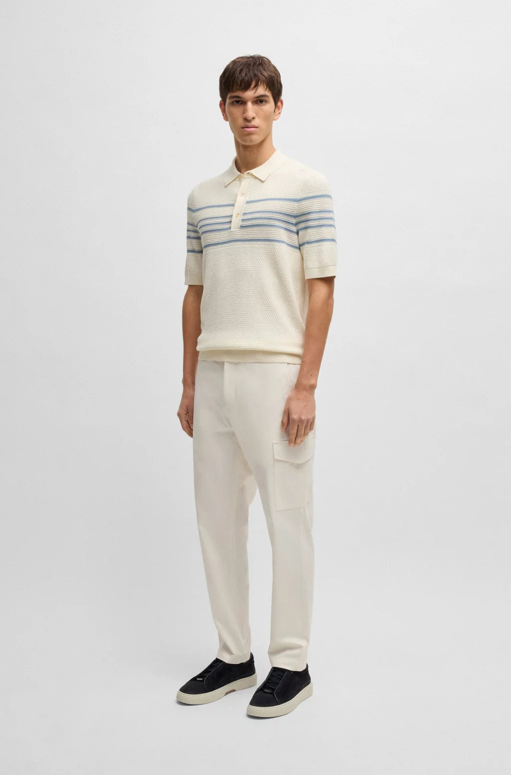BOSS Knit polo in silk and cotton with stripe details