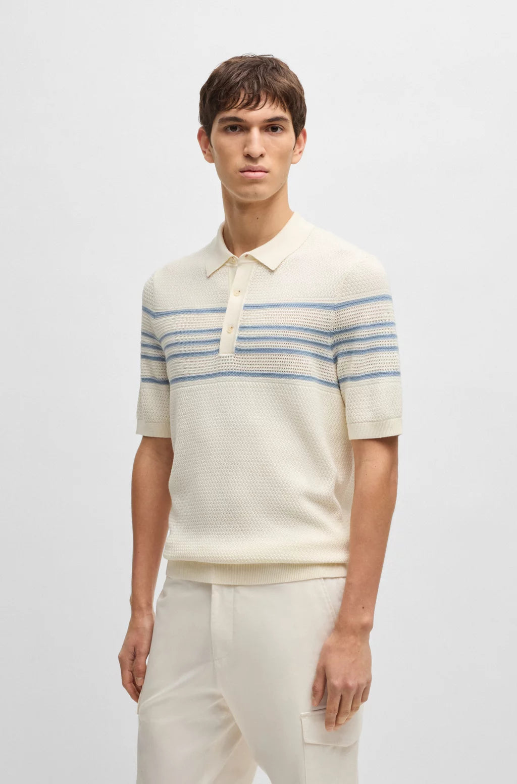 BOSS Knit polo in silk and cotton with stripe details