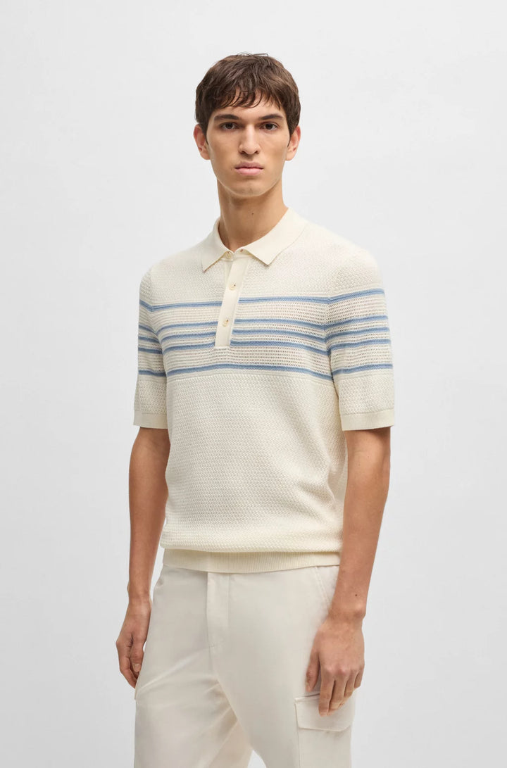 BOSS Knit polo in silk and cotton with stripe details