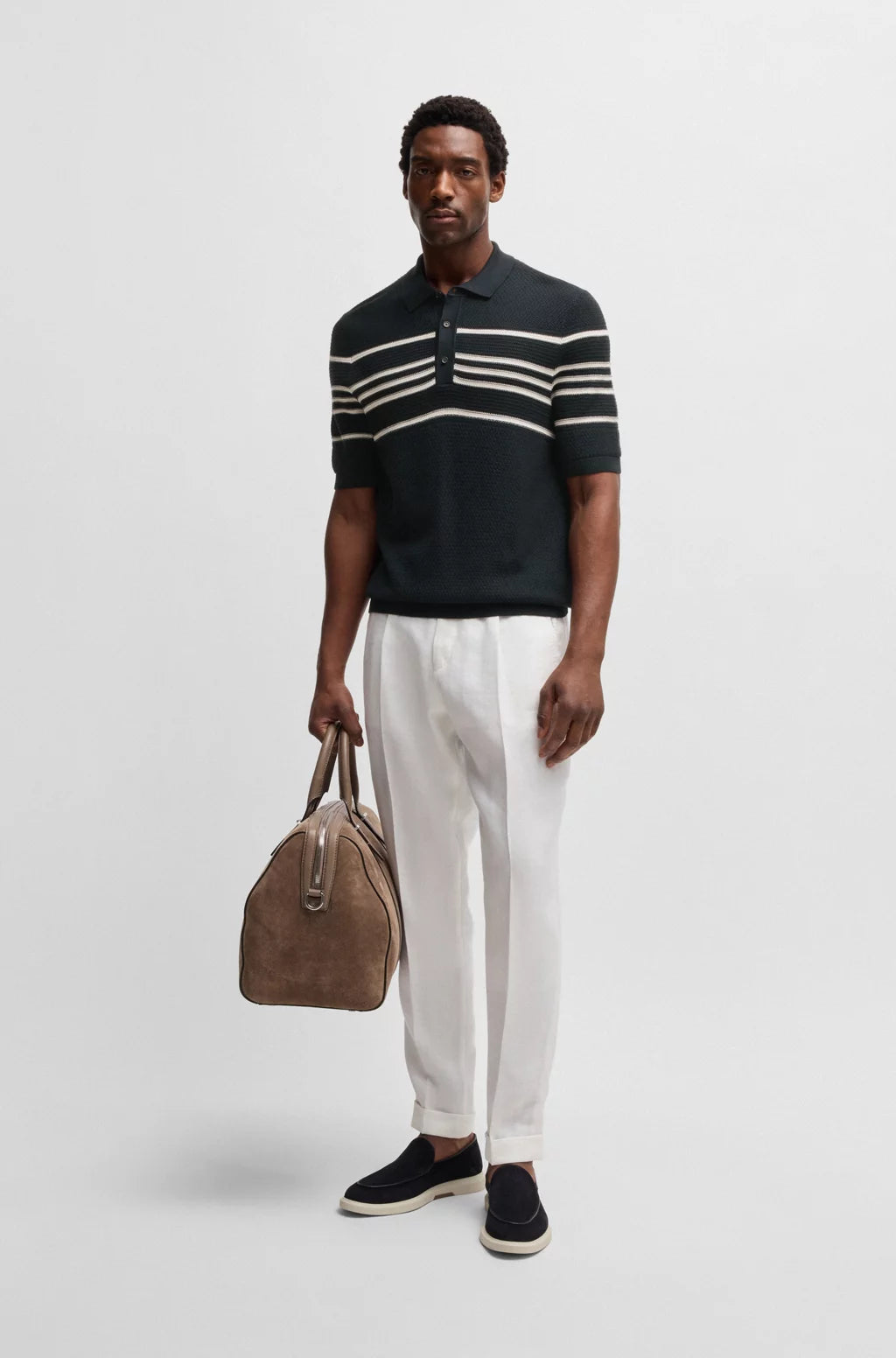 BOSS Knit polo in silk and cotton with stripe details