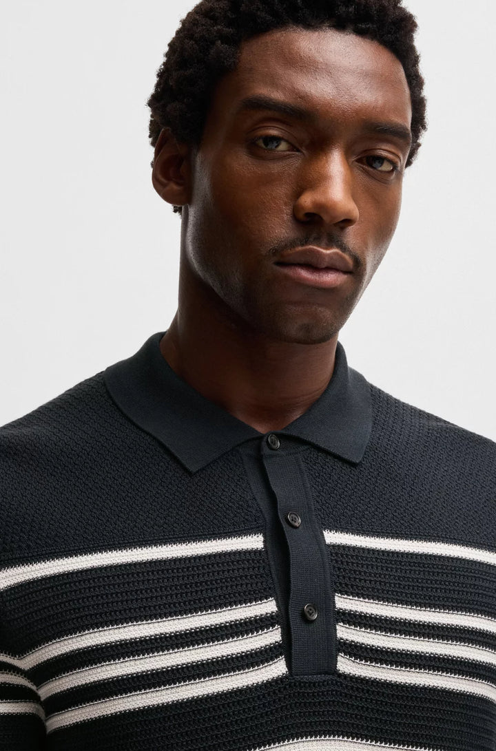 BOSS Knit polo in silk and cotton with stripe details
