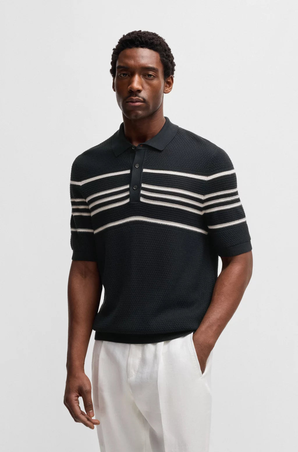 BOSS Knit polo in silk and cotton with stripe details