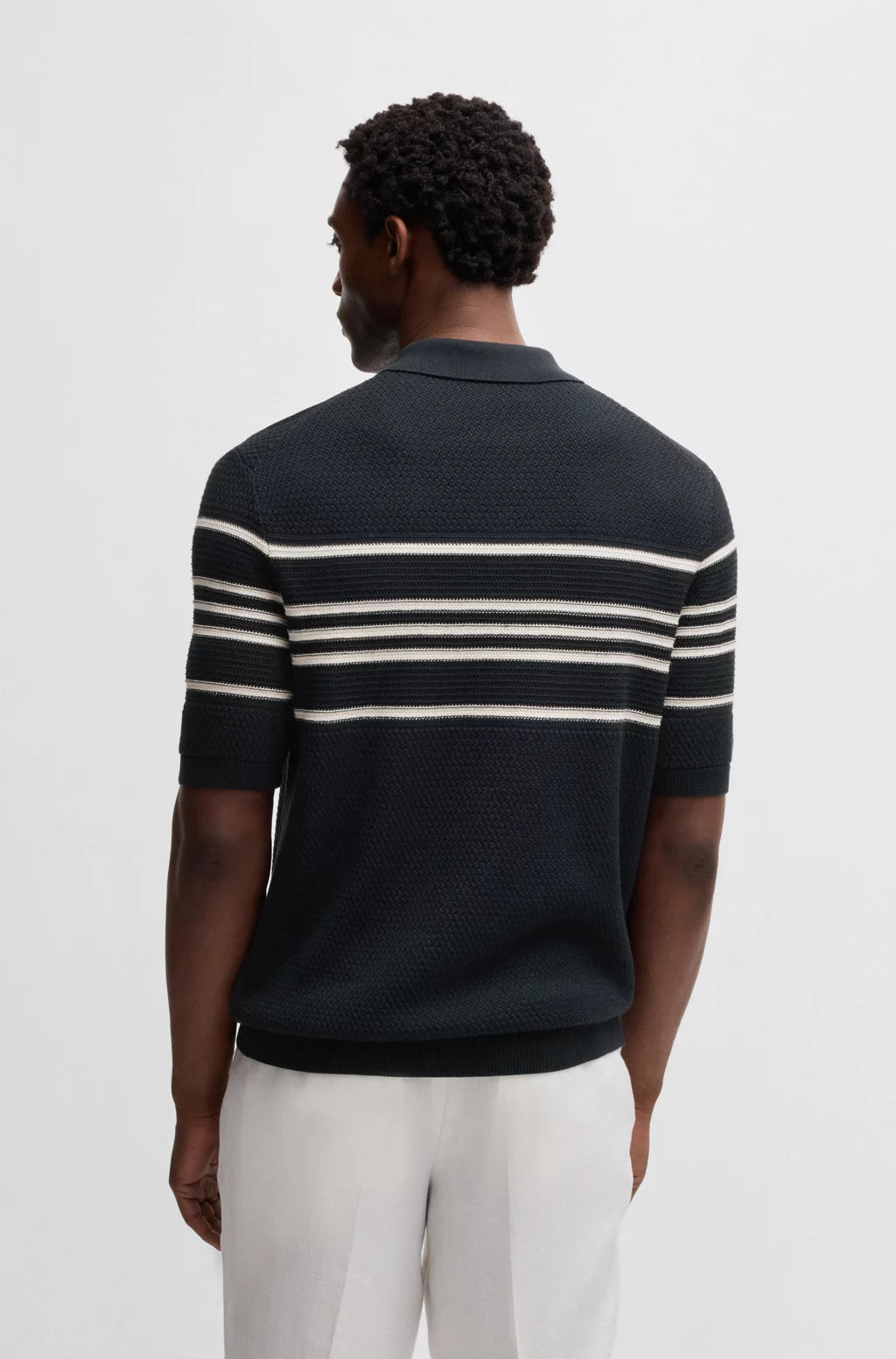 BOSS Knit polo in silk and cotton with stripe details