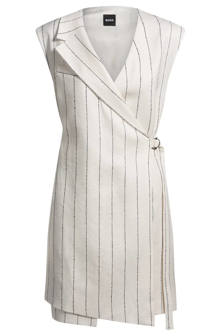BOSS WRAP-FRONT DRESS IN A PINSTRIPE LINEN BLEND