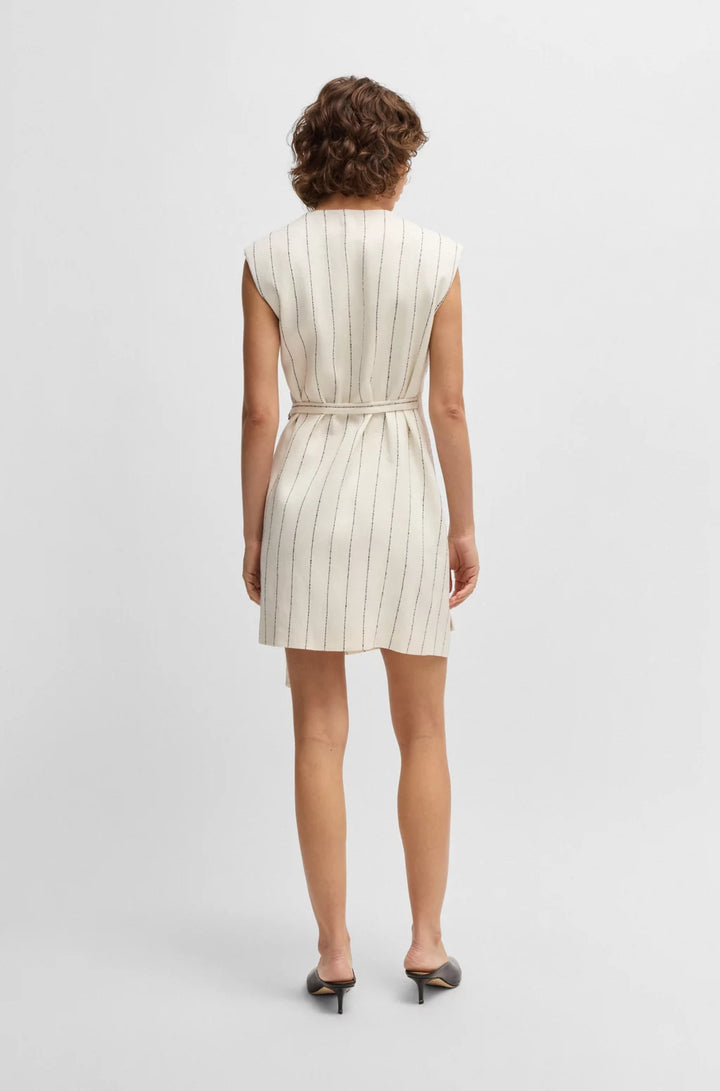 BOSS WRAP-FRONT DRESS IN A PINSTRIPE LINEN BLEND
