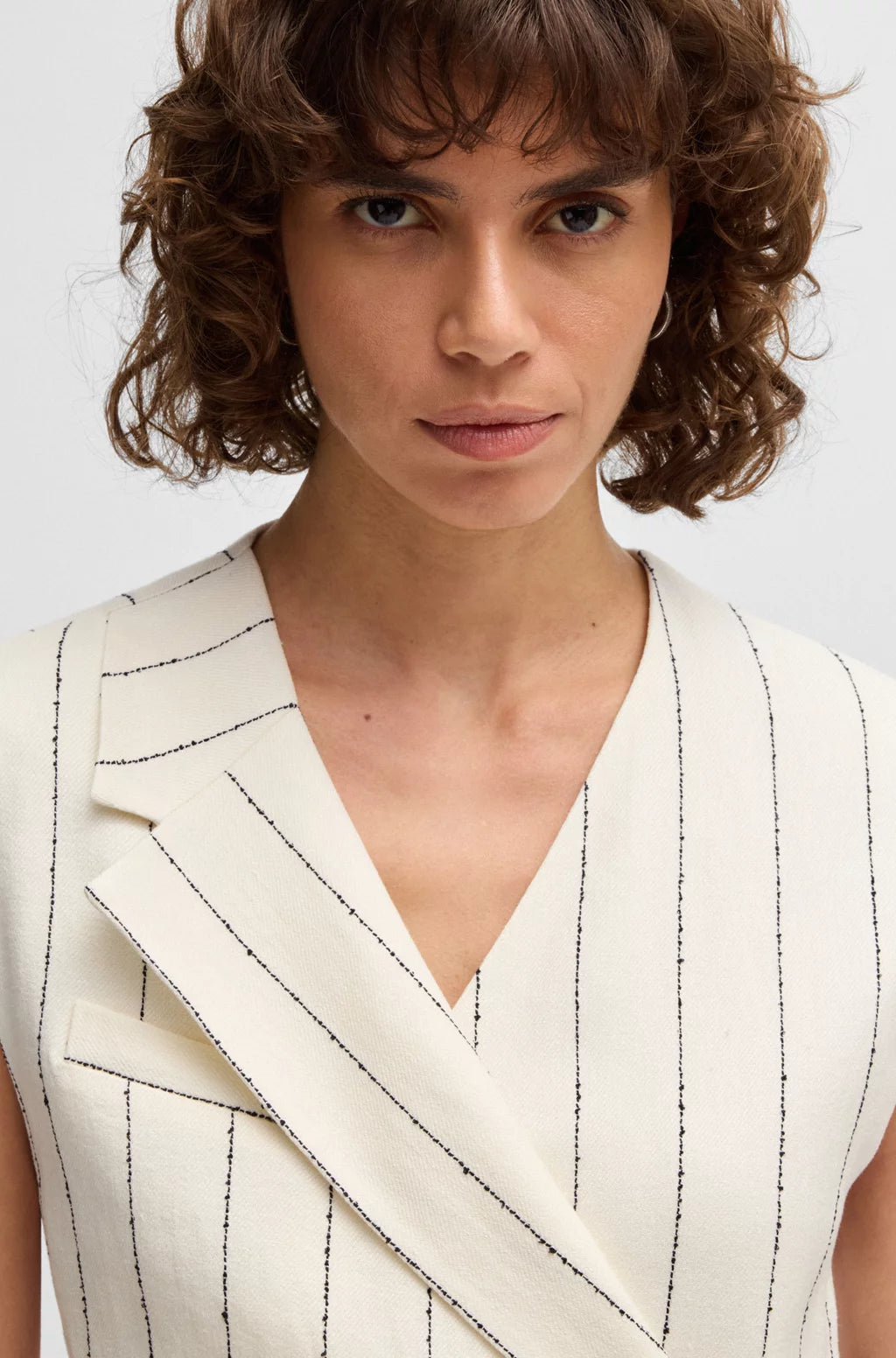 BOSS WRAP-FRONT DRESS IN A PINSTRIPE LINEN BLEND