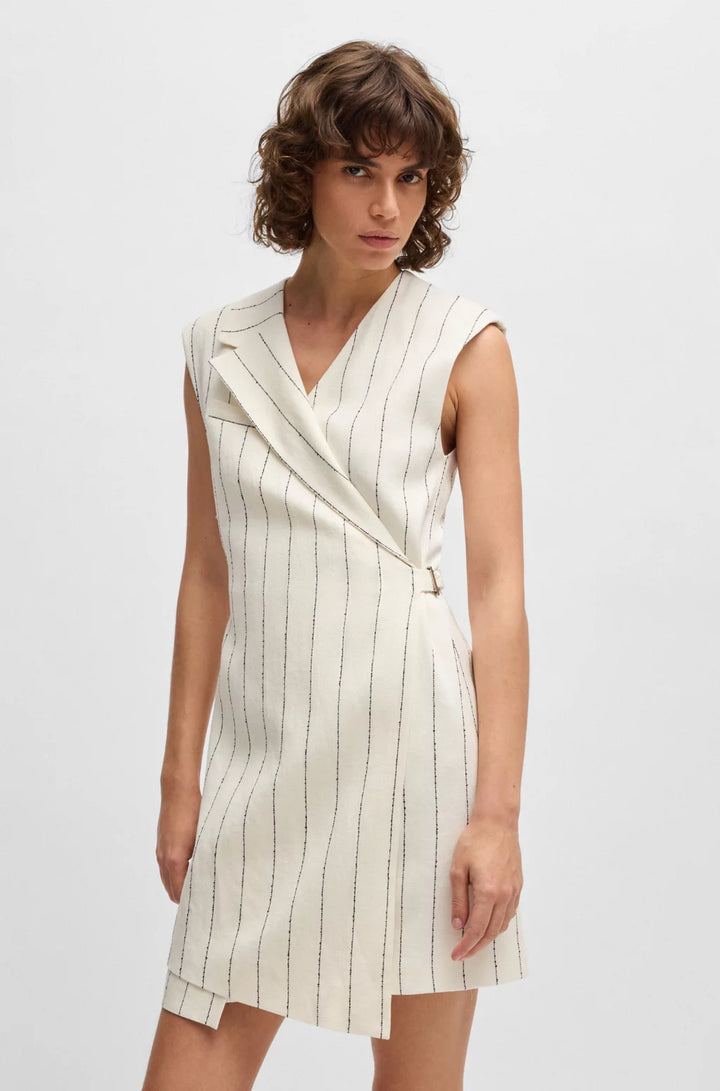 BOSS WRAP-FRONT DRESS IN A PINSTRIPE LINEN BLEND