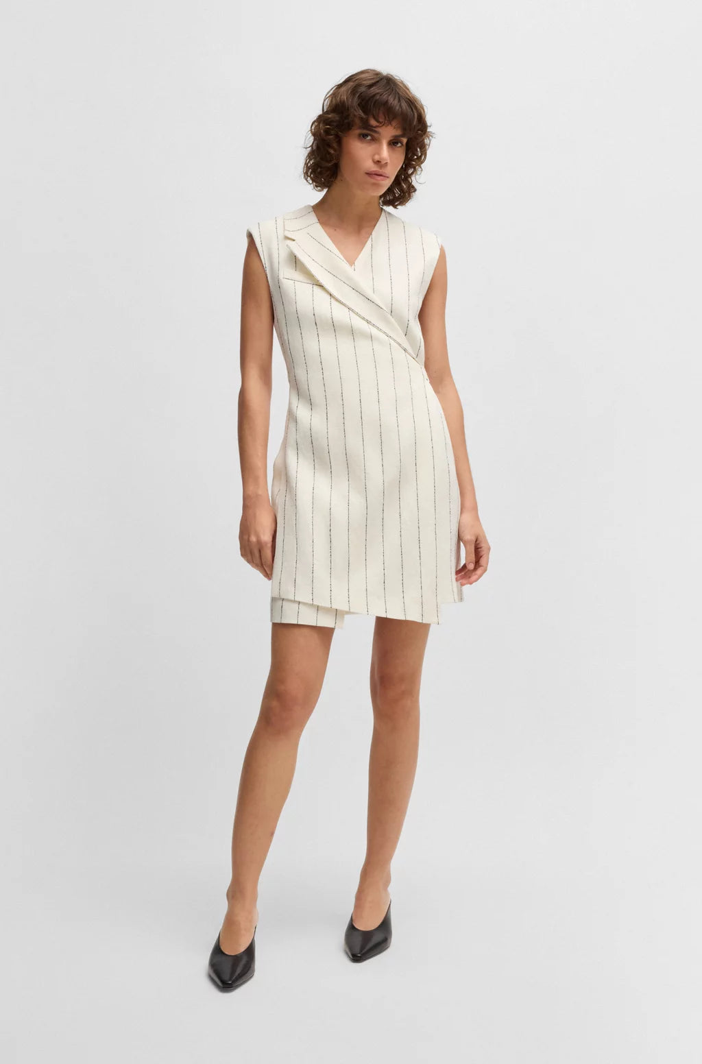 BOSS WRAP-FRONT DRESS IN A PINSTRIPE LINEN BLEND