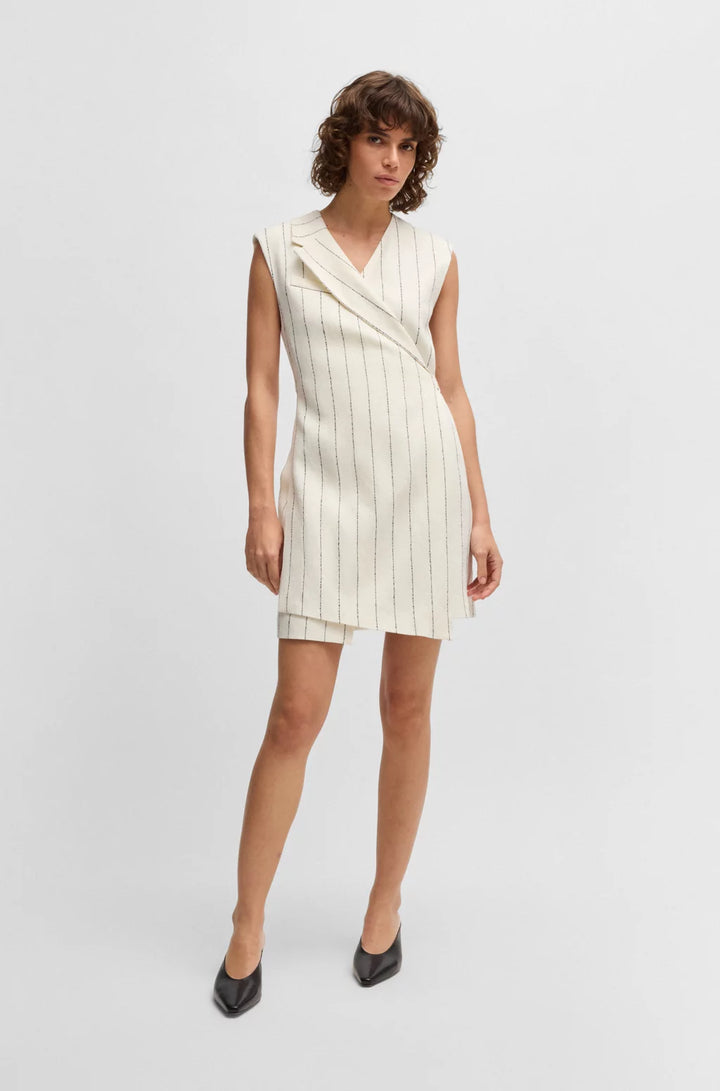 BOSS WRAP-FRONT DRESS IN A PINSTRIPE LINEN BLEND