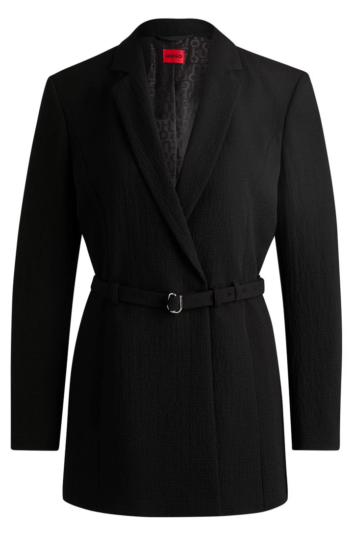 HUGO REGULAR-FIT BLAZER IN SEERSUCKER WITH BUCKLED BELT
