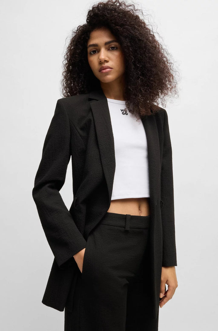 HUGO REGULAR-FIT BLAZER IN SEERSUCKER WITH BUCKLED BELT