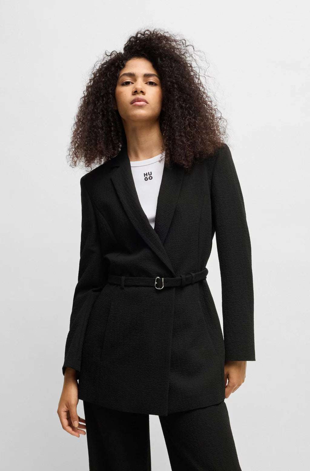 HUGO REGULAR-FIT BLAZER IN SEERSUCKER WITH BUCKLED BELT