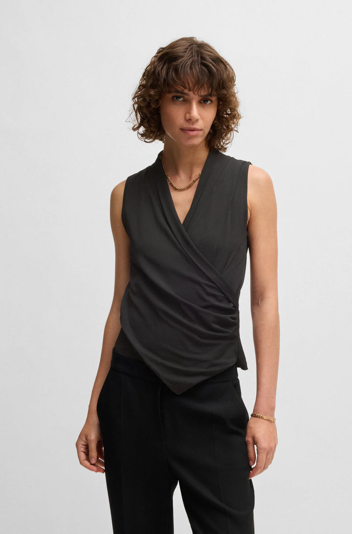 BOSS Sleeveless wrap-front top in stretch crepe
