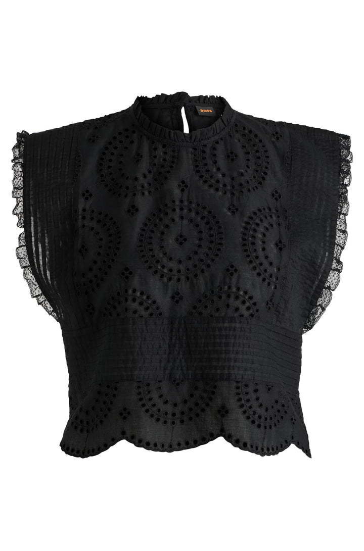 BOSS Regular-fit blouse in cotton broderie with pleat details