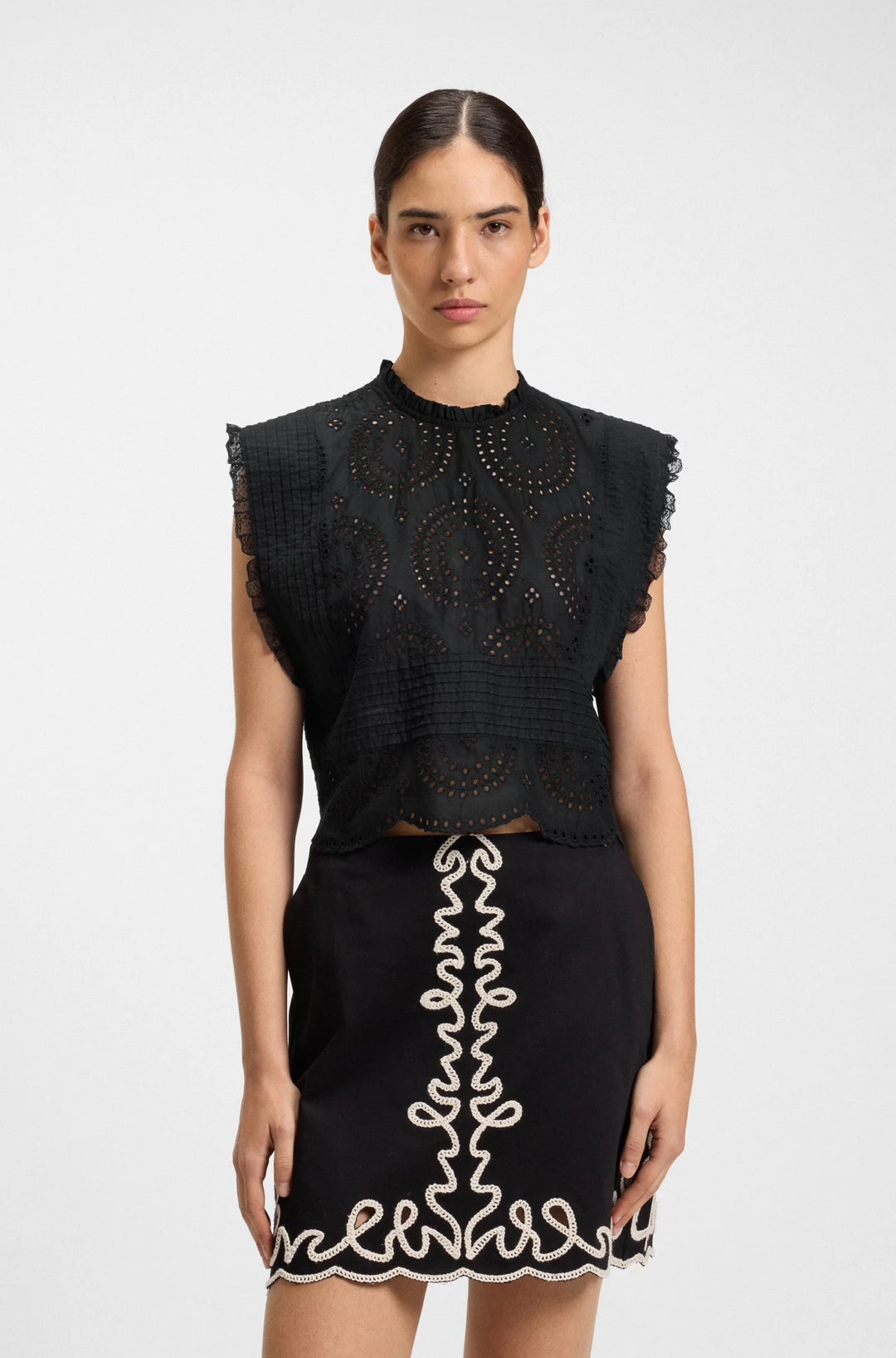BOSS Regular-fit blouse in cotton broderie with pleat details