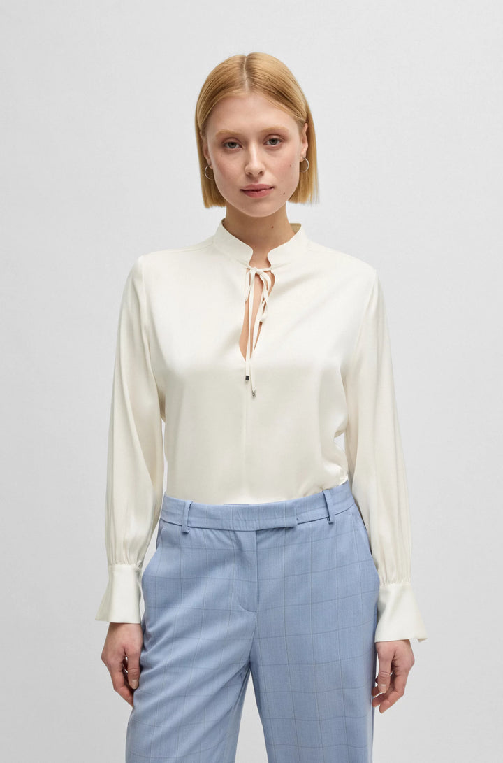 BOSS Relaxed-fit blouse in stretch silk with keyhole neckline