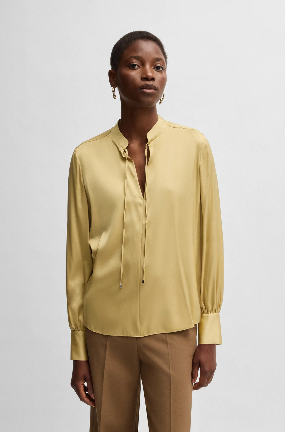 BOSS Relaxed-fit blouse in stretch silk with keyhole neckline