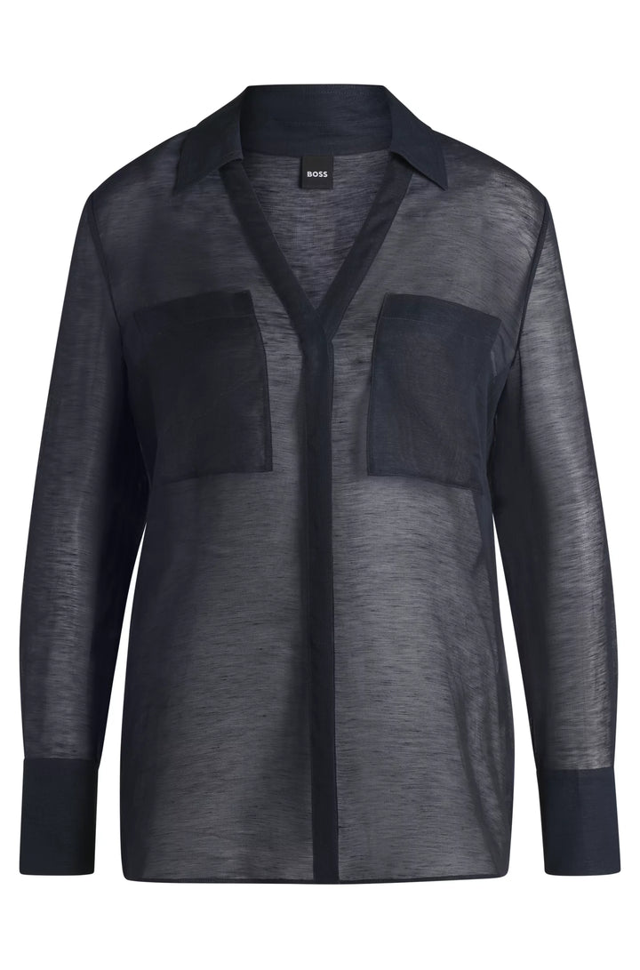 BOSS V-neck blouse in ramie with collar detail
