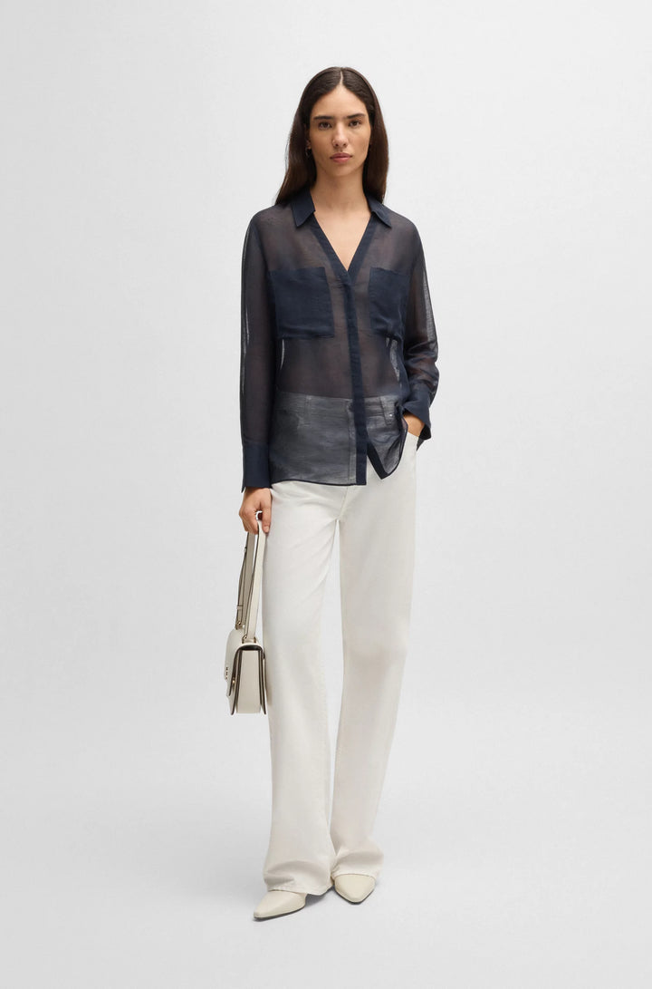 BOSS V-neck blouse in ramie with collar detail
