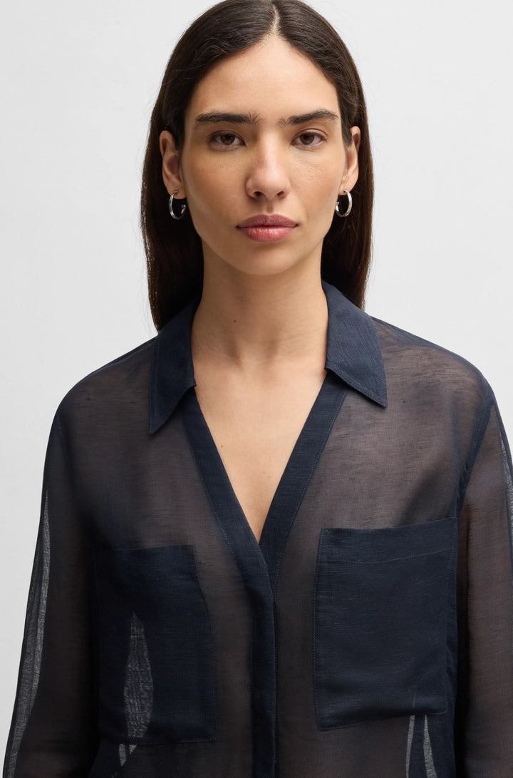 BOSS V-neck blouse in ramie with collar detail