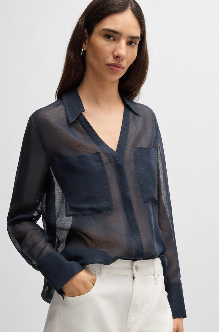 BOSS V-neck blouse in ramie with collar detail