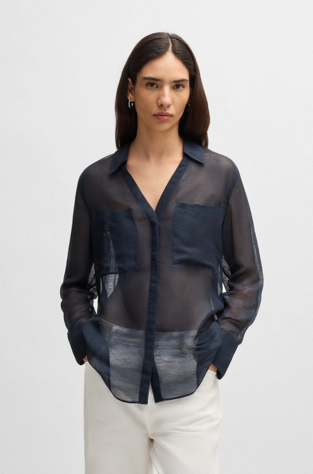 BOSS V-neck blouse in ramie with collar detail