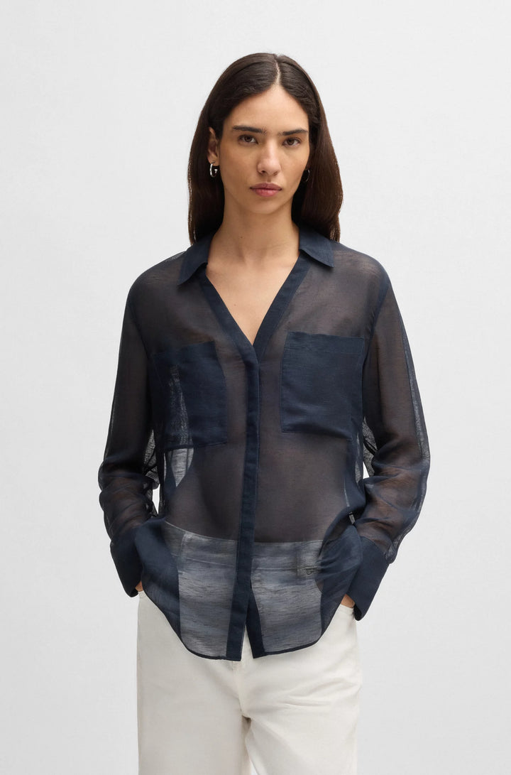 BOSS V-neck blouse in ramie with collar detail
