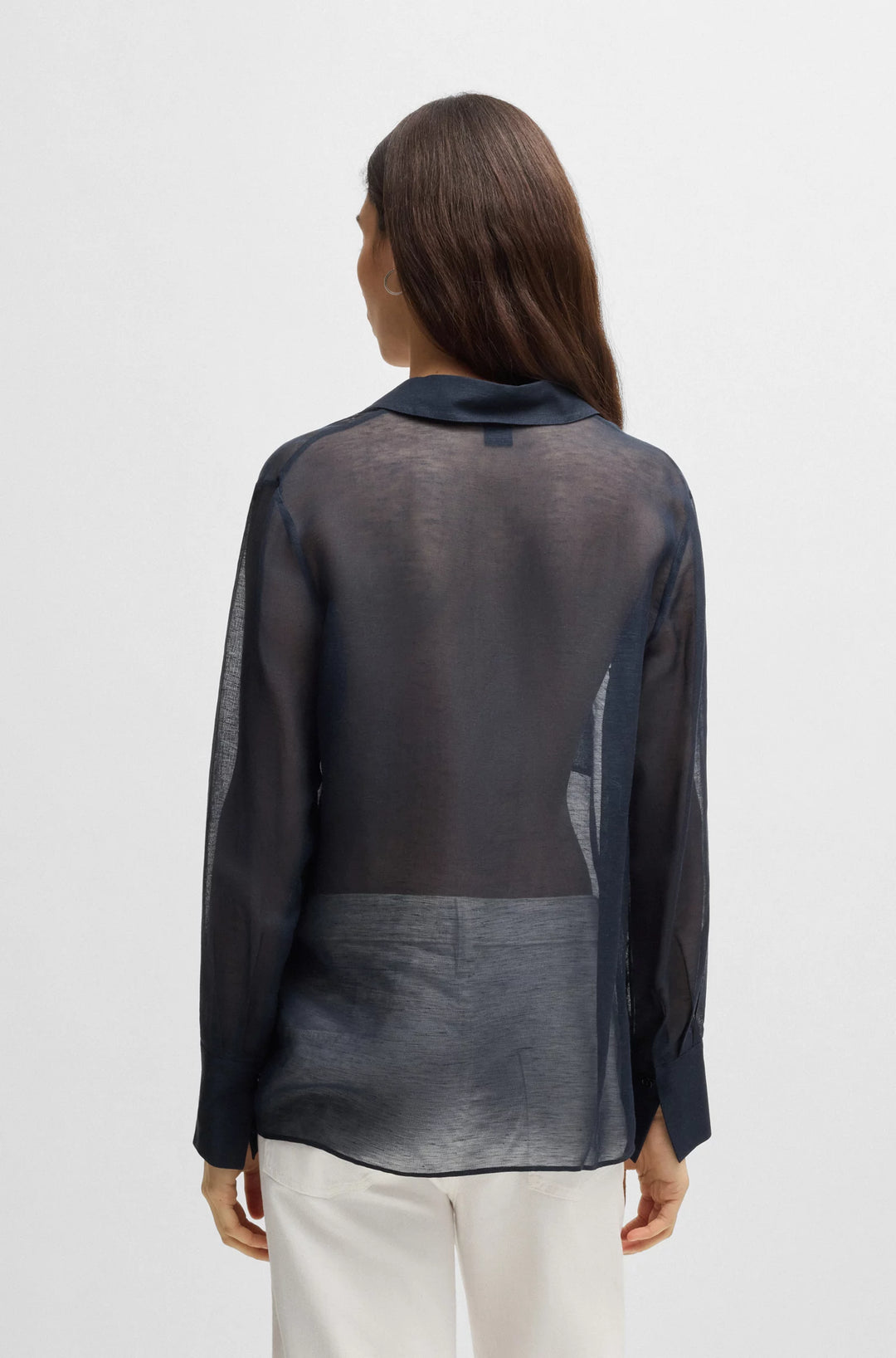 BOSS V-neck blouse in ramie with collar detail